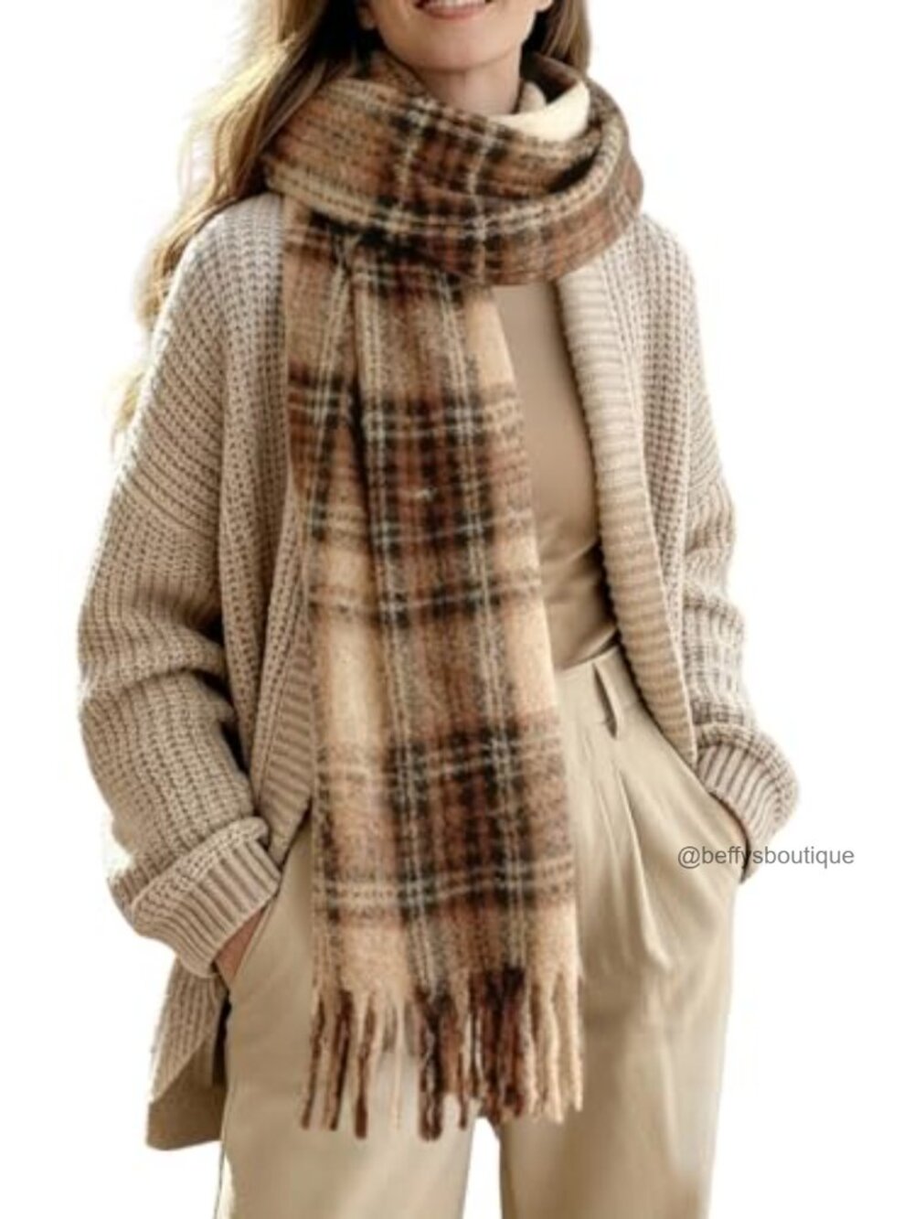 Oversized Plaid Blanket Scarf Chunky Knit Shawl Tassel Winter Wrap